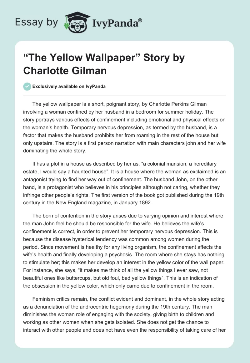 “The Yellow Wallpaper” Story by Charlotte Gilman. Page 1