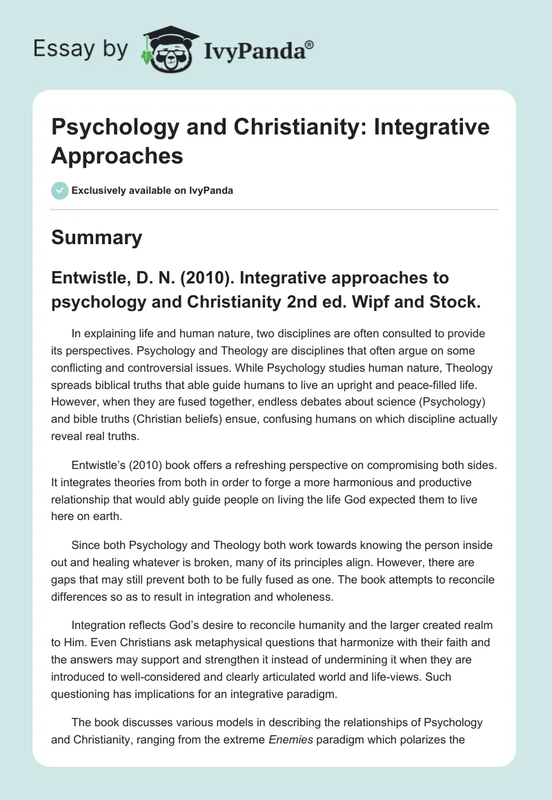 Psychology and Christianity: Integrative Approaches. Page 1