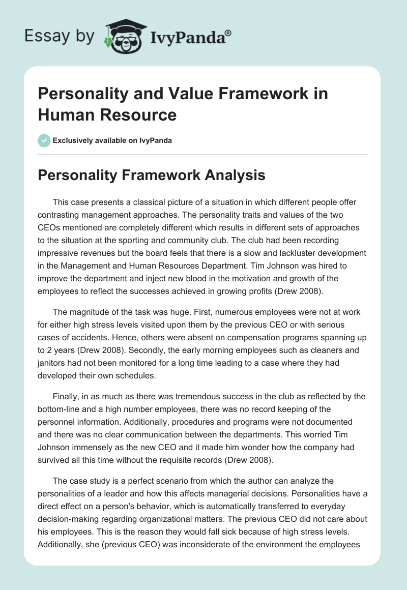Personality and Value Framework in Human Resource. Page 1