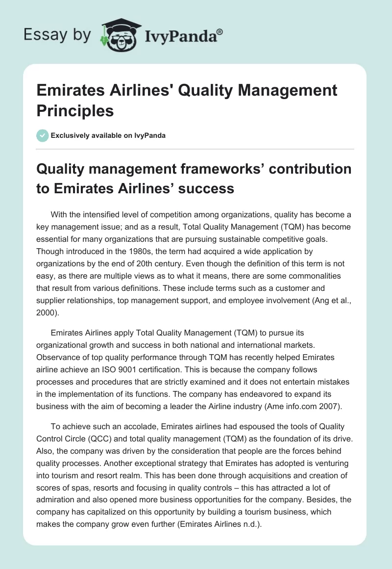 Emirates Airlines' Quality Management Principles. Page 1