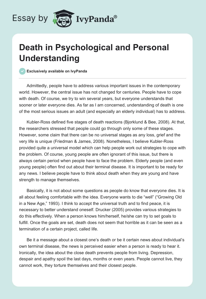Death in Psychological and Personal Understanding. Page 1