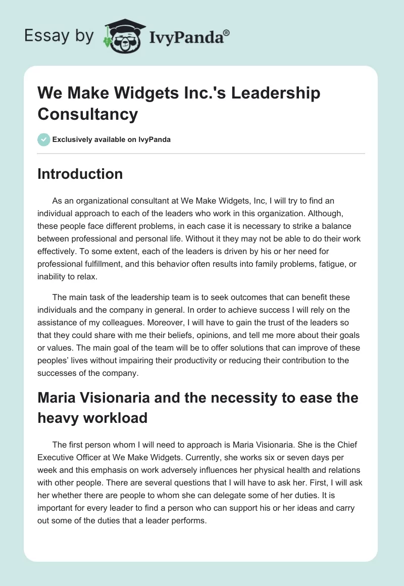 We Make Widgets Inc.'s Leadership Consultancy. Page 1