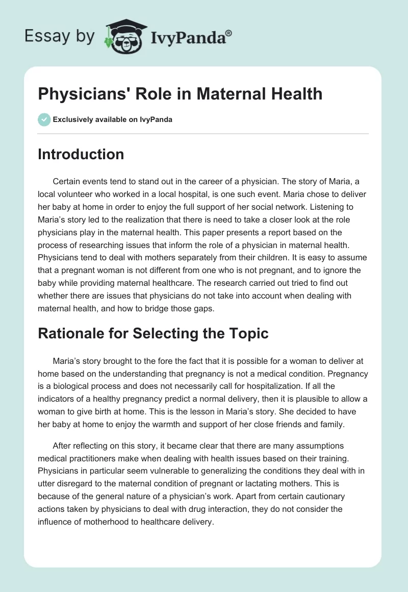 Physicians' Role in Maternal Health. Page 1