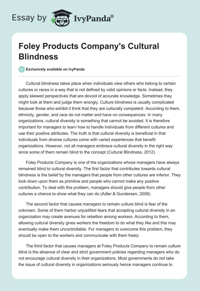 Foley Products Company's Cultural Blindness. Page 1