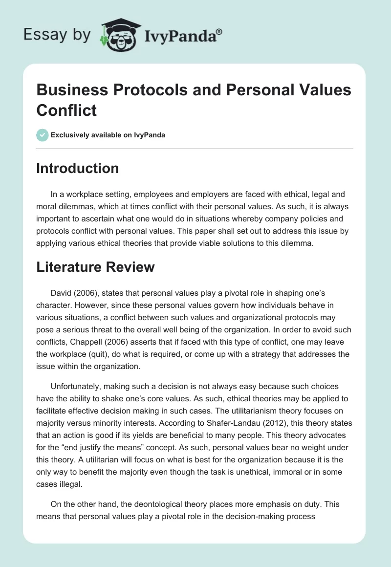 Business Protocols and Personal Values Conflict. Page 1
