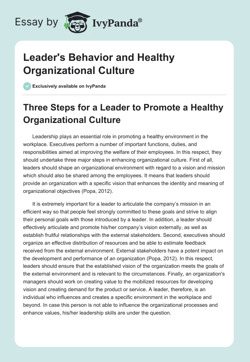 Leader's Behavior and Healthy Organizational Culture. Page 1