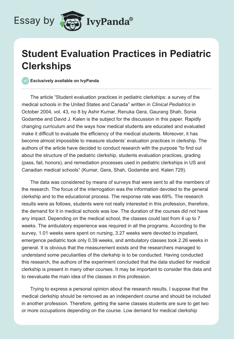 Student Evaluation Practices in Pediatric Clerkships. Page 1