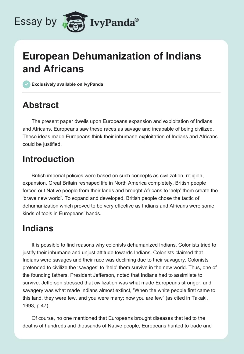 European Dehumanization of Indians and Africans. Page 1