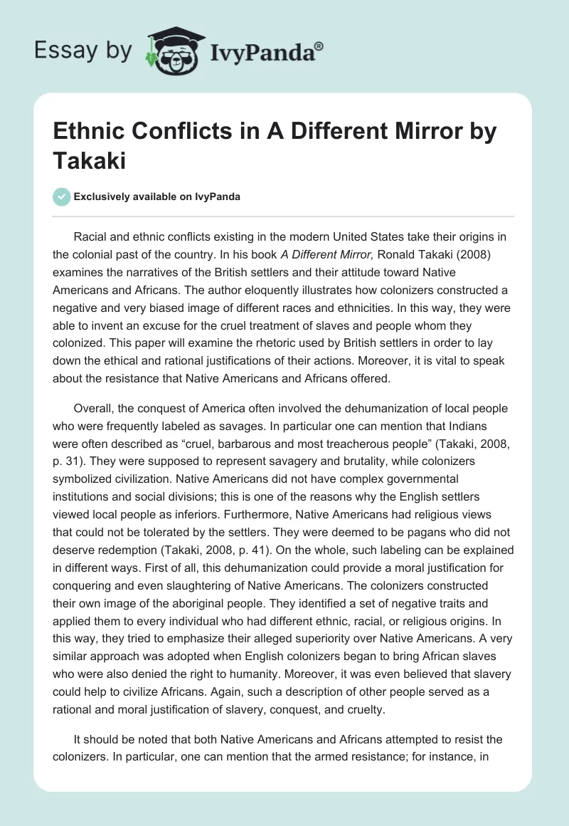 Ethnic Conflicts in "A Different Mirror" by Takaki. Page 1