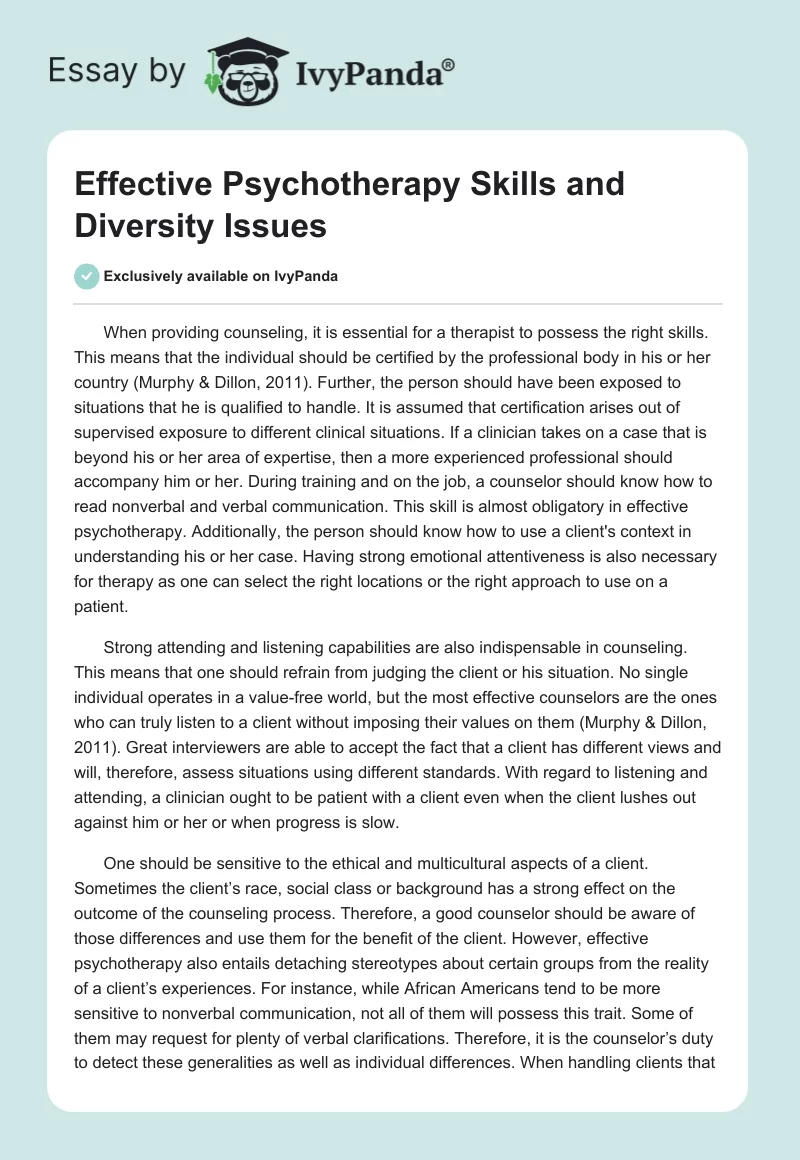 Effective Psychotherapy Skills and Diversity Issues. Page 1