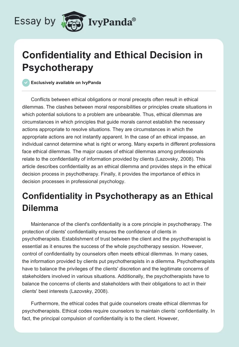 Confidentiality and Ethical Decision in Psychotherapy. Page 1