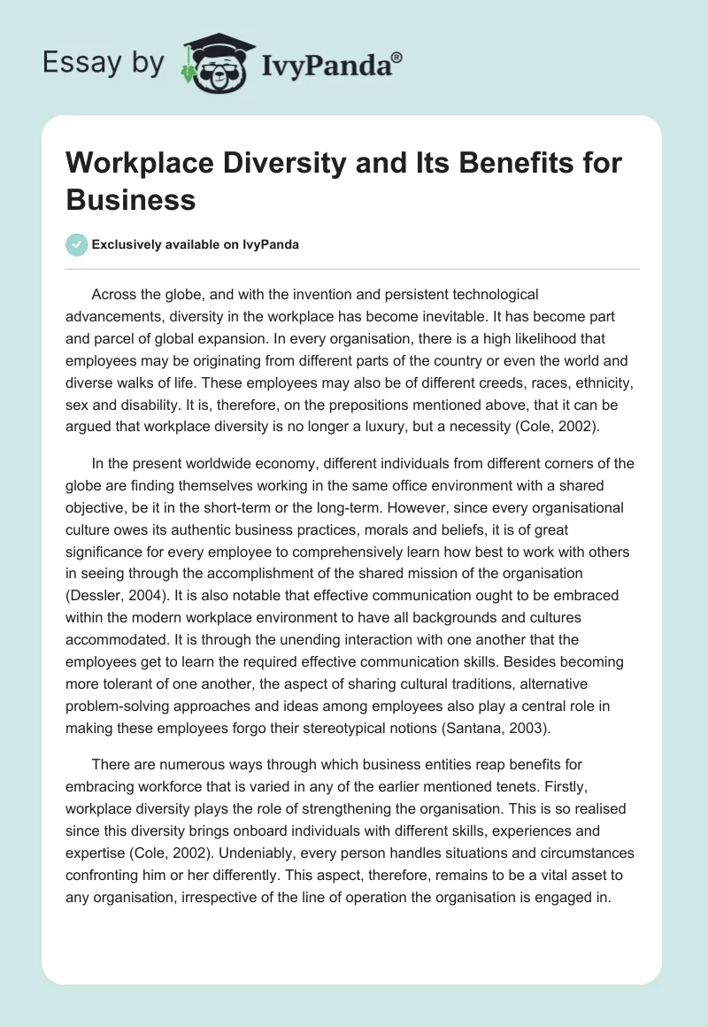 Workplace Diversity and Its Benefits for Business. Page 1