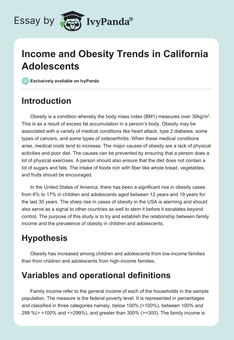 Income and Obesity Trends in California Adolescents. Page 1