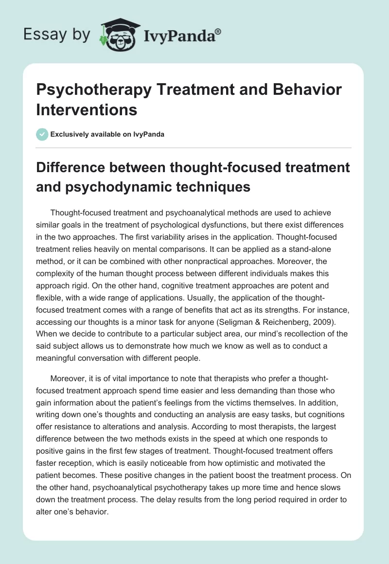 Psychotherapy Treatment and Behavior Interventions. Page 1