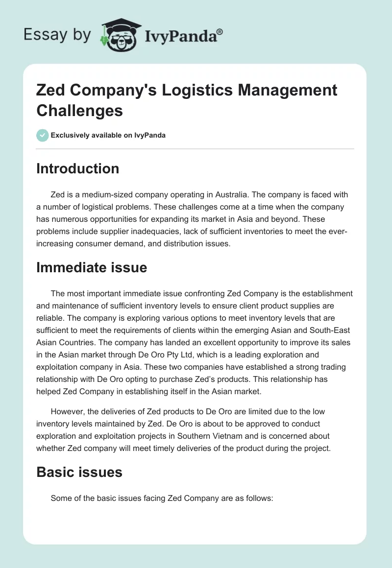 Zed Company's Logistics Management Challenges. Page 1
