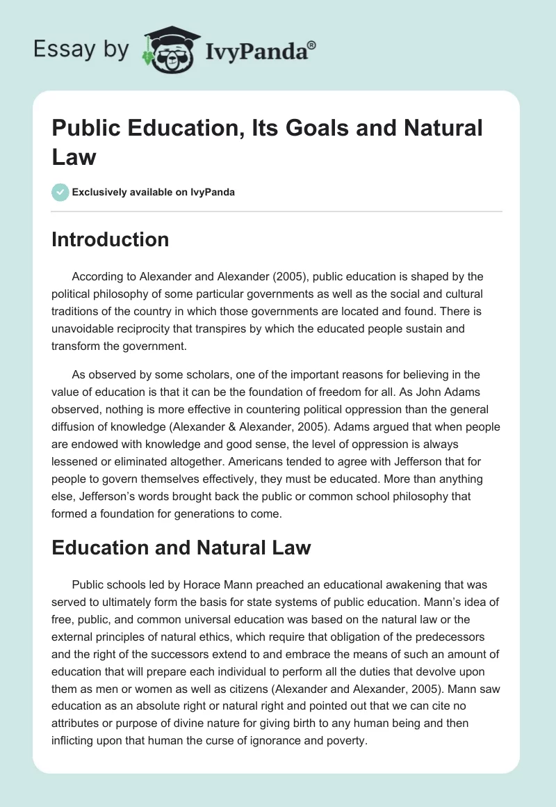 Public Education, Its Goals and Natural Law. Page 1