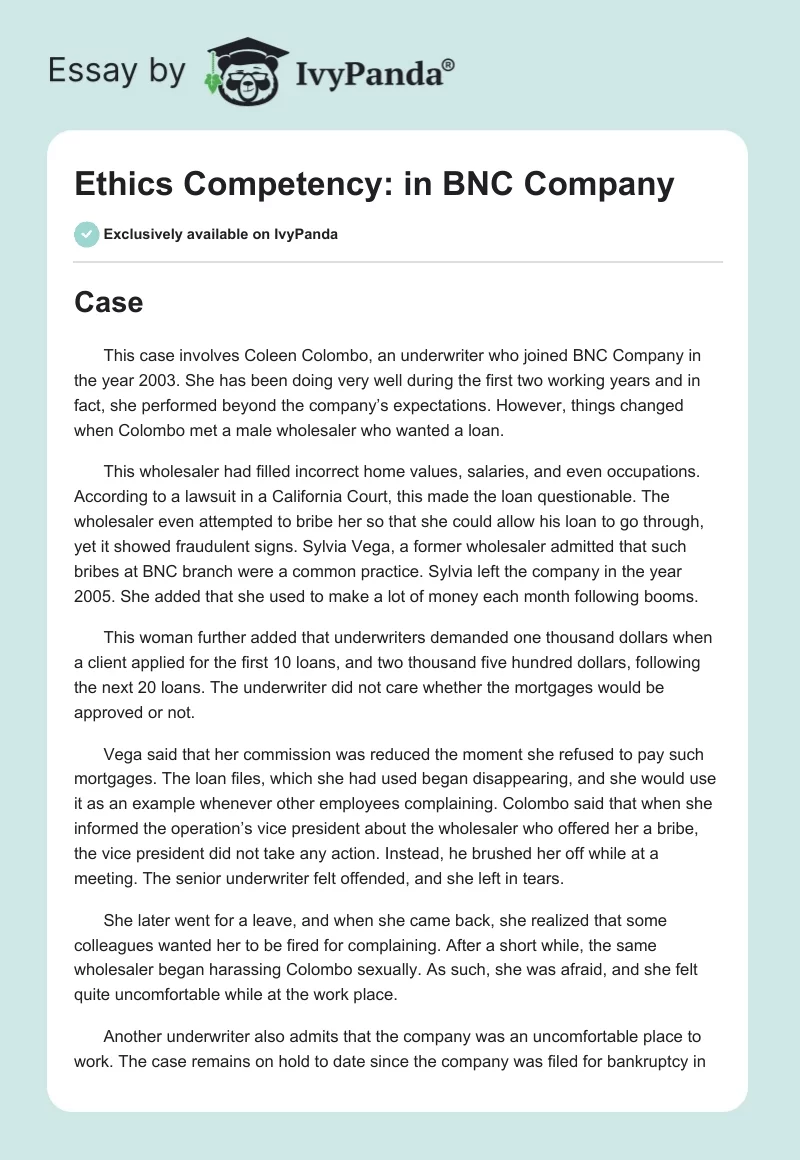 Ethics Competency: in BNC Company. Page 1