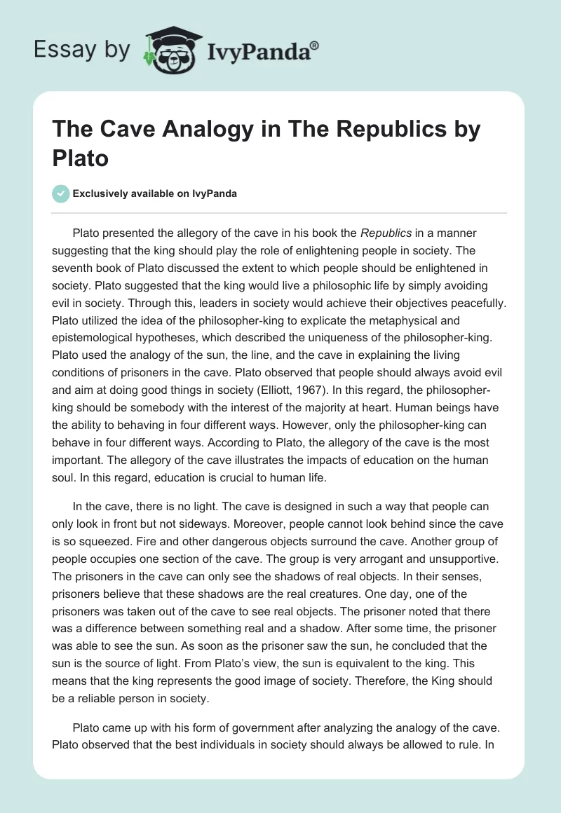 The Cave Analogy in "The Republics" by Plato. Page 1