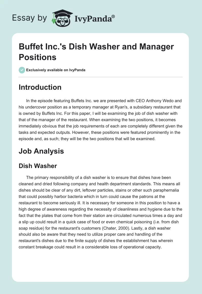 Buffet Inc.'s Dish Washer and Manager Positions. Page 1