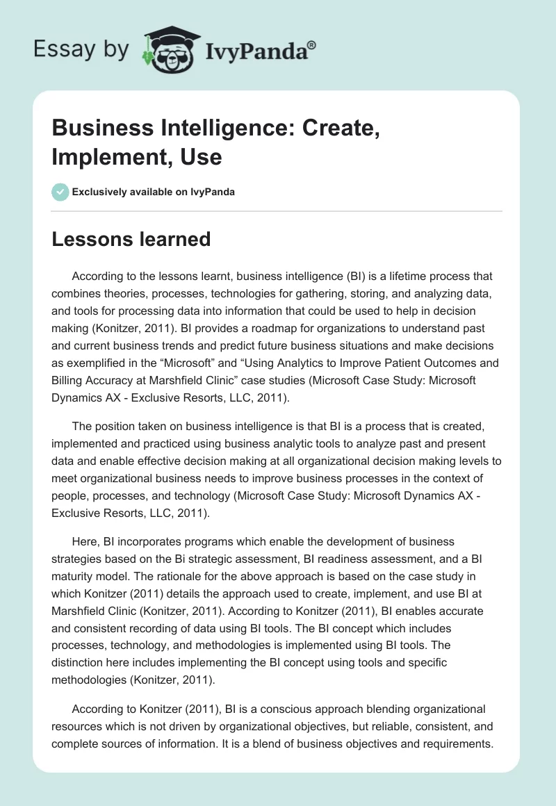 Business Intelligence: Create, Implement, Use. Page 1
