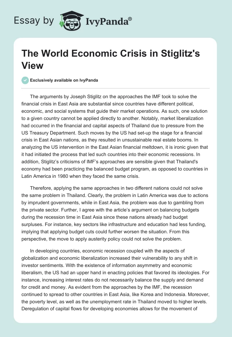 The World Economic Crisis in Stiglitz's View. Page 1