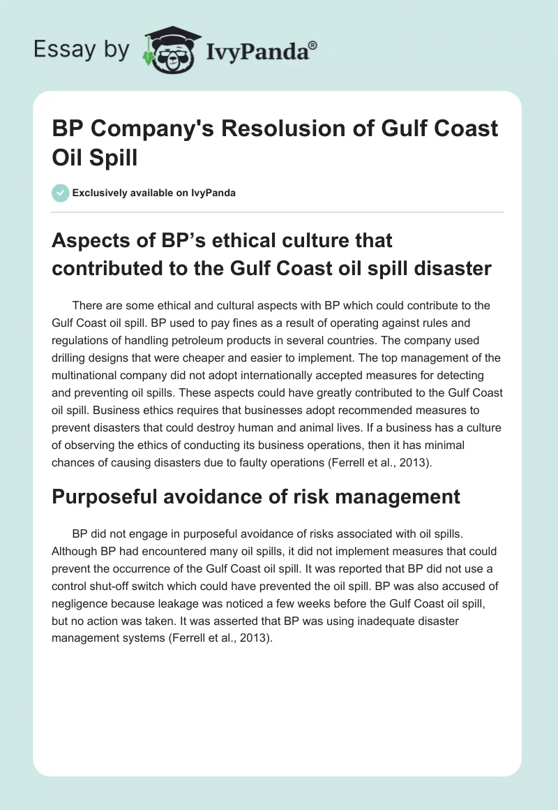 BP Company's Resolusion of Gulf Coast Oil Spill. Page 1
