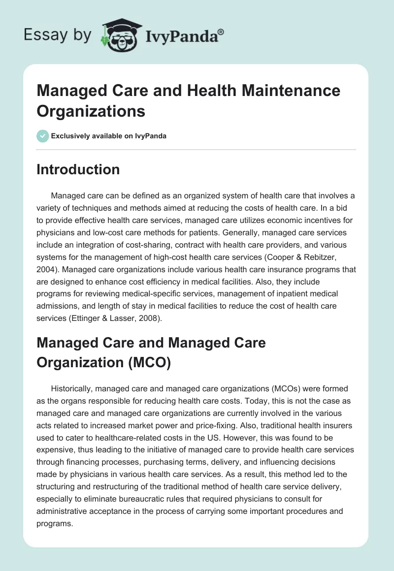 Managed Care and Health Maintenance Organizations. Page 1