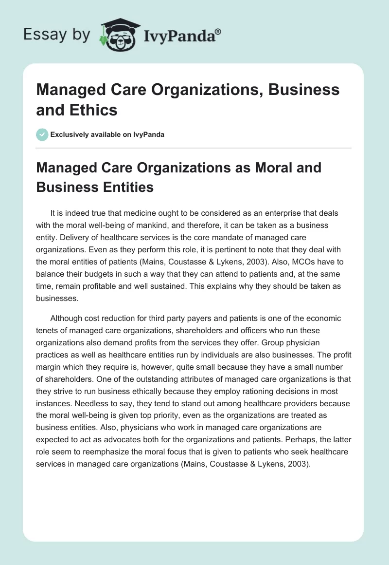 Managed Care Organizations, Business and Ethics. Page 1