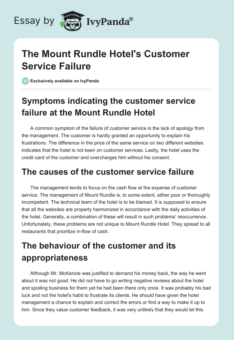 The Mount Rundle Hotel's Customer Service Failure. Page 1