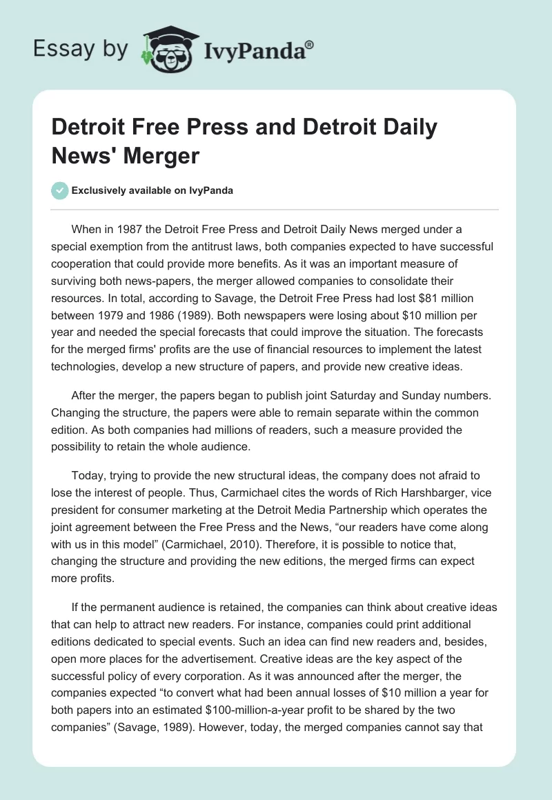 Detroit Free Press and Detroit Daily News' Merger. Page 1