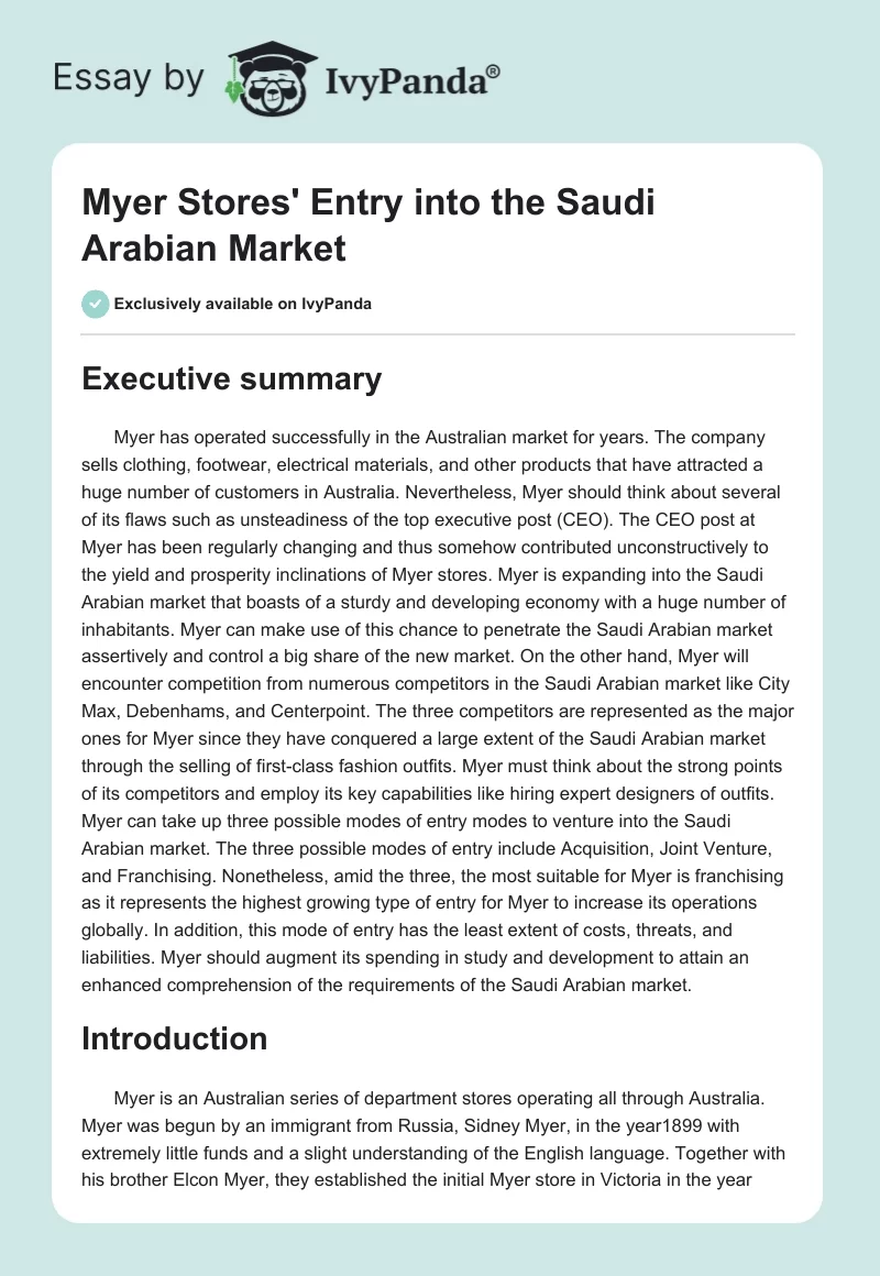 Myer Stores' Entry into the Saudi Arabian Market. Page 1