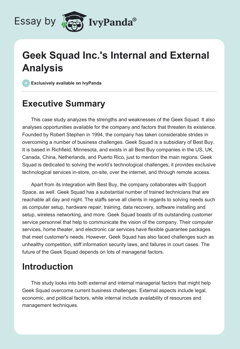 Geek Squad Inc.'s Internal and External Analysis. Page 1