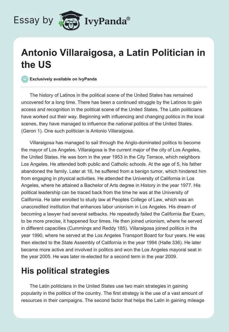 Antonio Villaraigosa, a Latin Politician in the US. Page 1