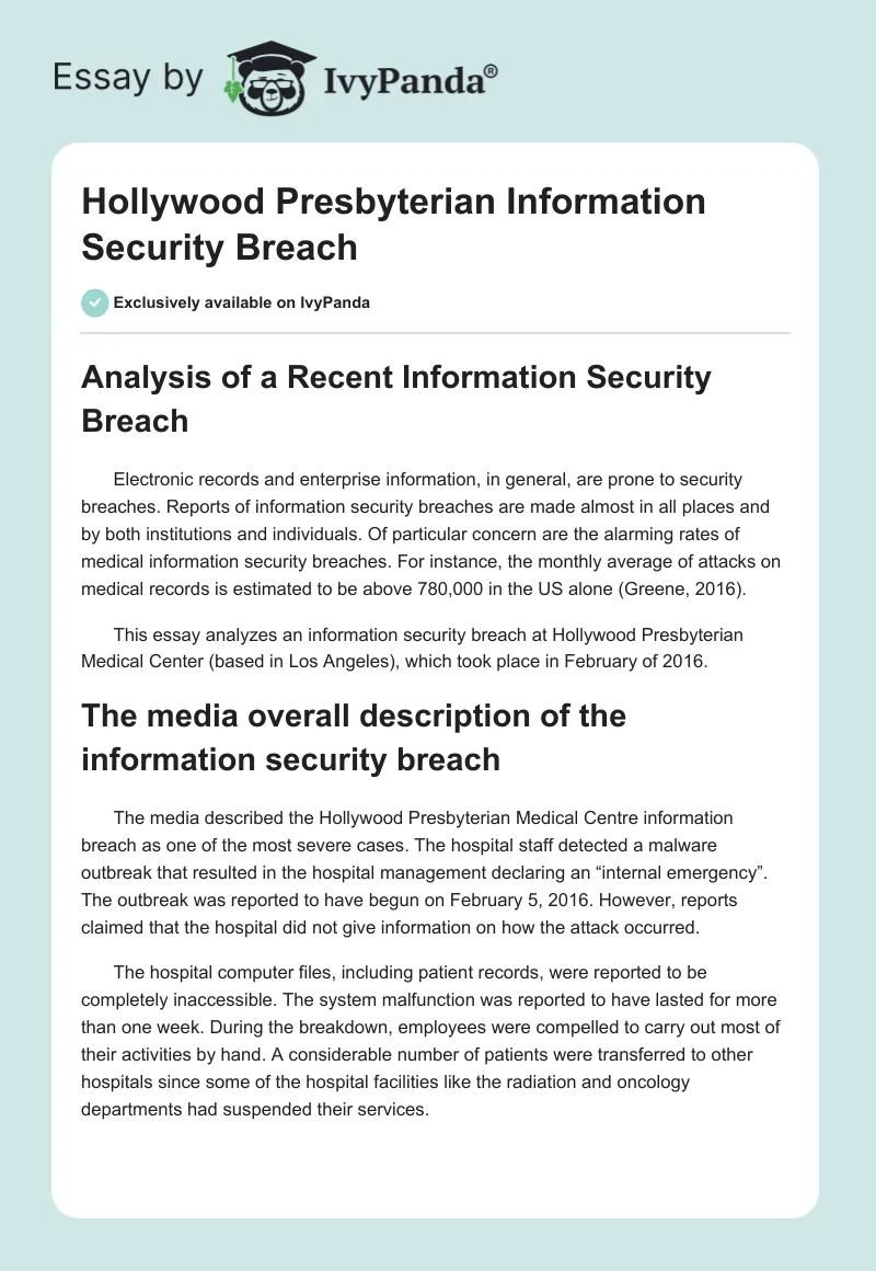 Hollywood Presbyterian Information Security Breach. Page 1
