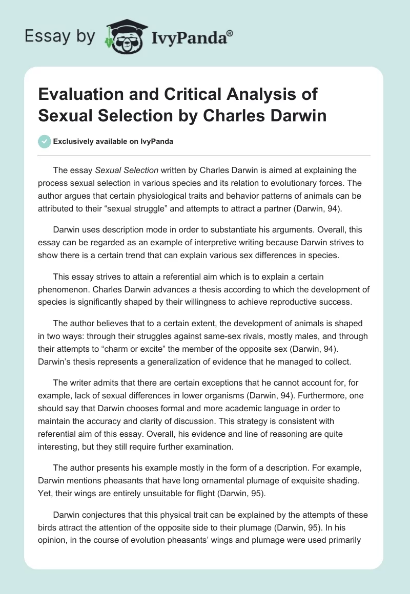 Evaluation and Critical Analysis of Sexual Selection by Charles Darwin. Page 1