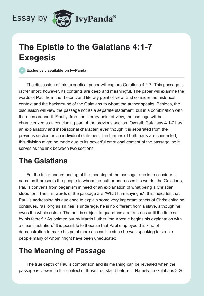 The Epistle to the Galatians 4:1-7 Exegesis. Page 1