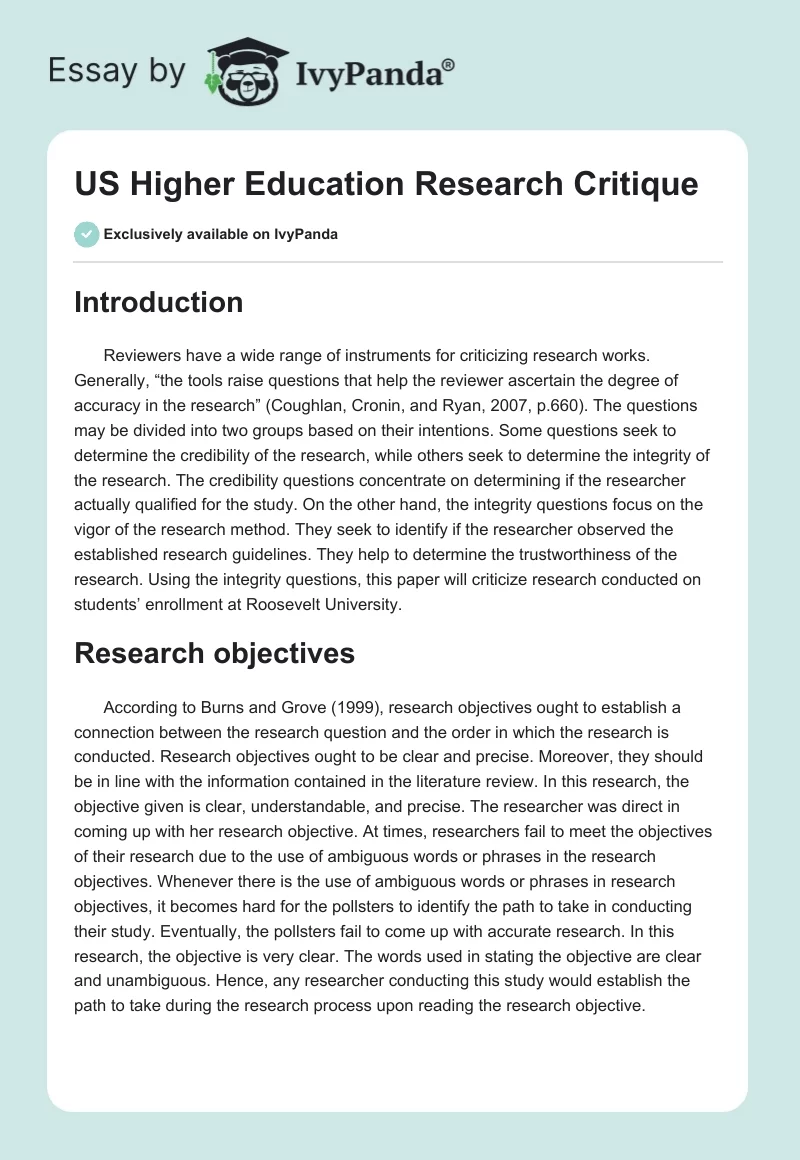 US Higher Education Research Critique. Page 1