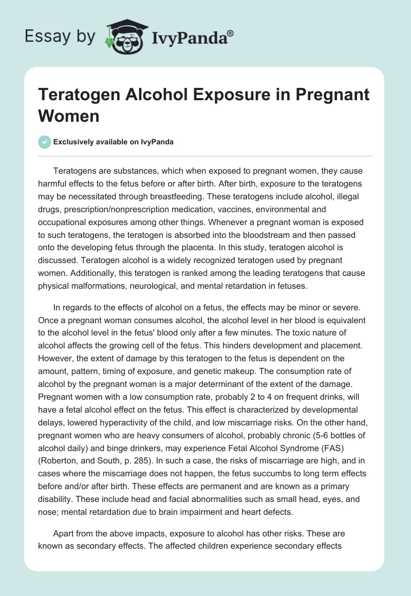 Teratogen Alcohol Exposure in Pregnant Women. Page 1
