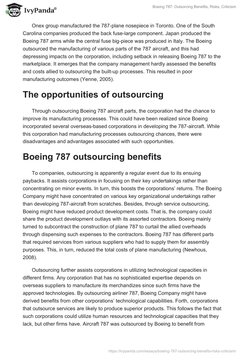 Boeing 787: Outsorcing Benefits, Risks, Criticism. Page 2