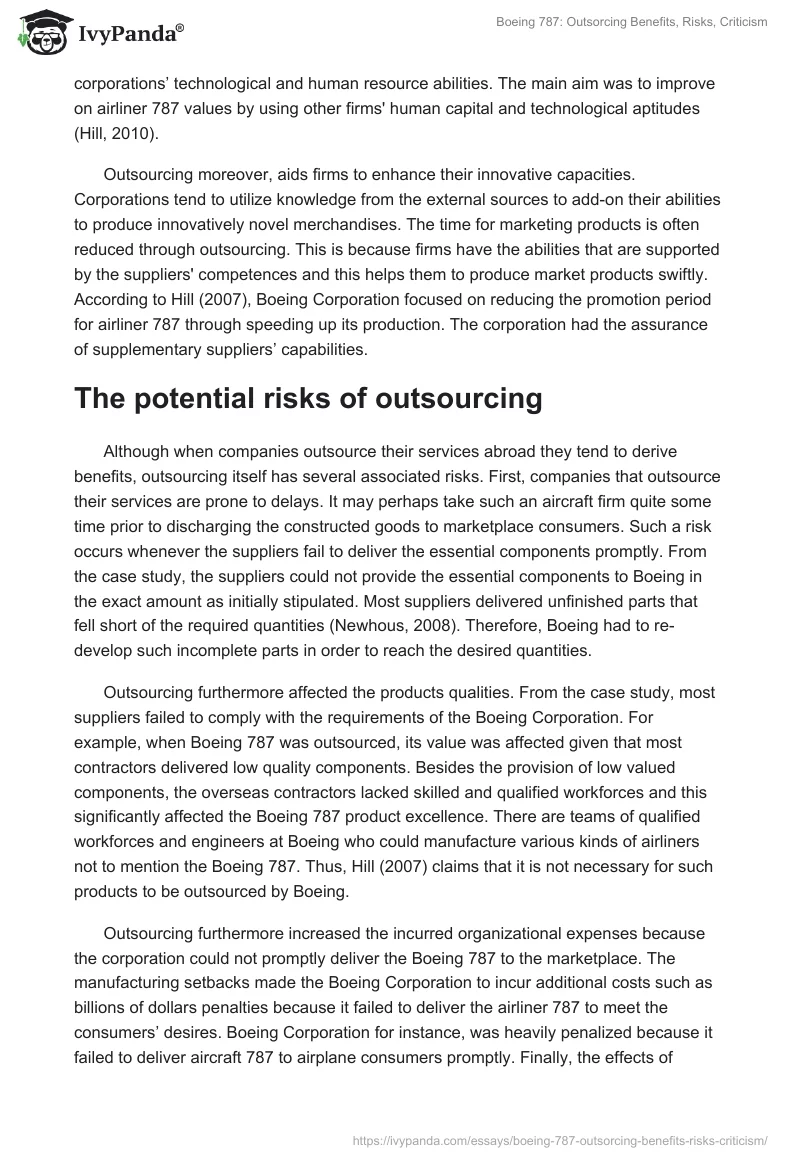 Boeing 787: Outsorcing Benefits, Risks, Criticism. Page 3