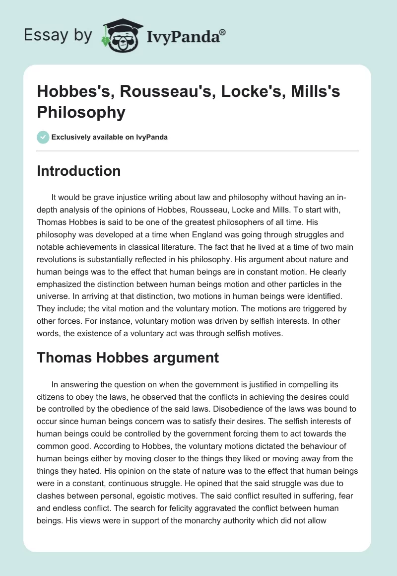 Hobbes's, Rousseau's, Locke's, Mills's Philosophy. Page 1