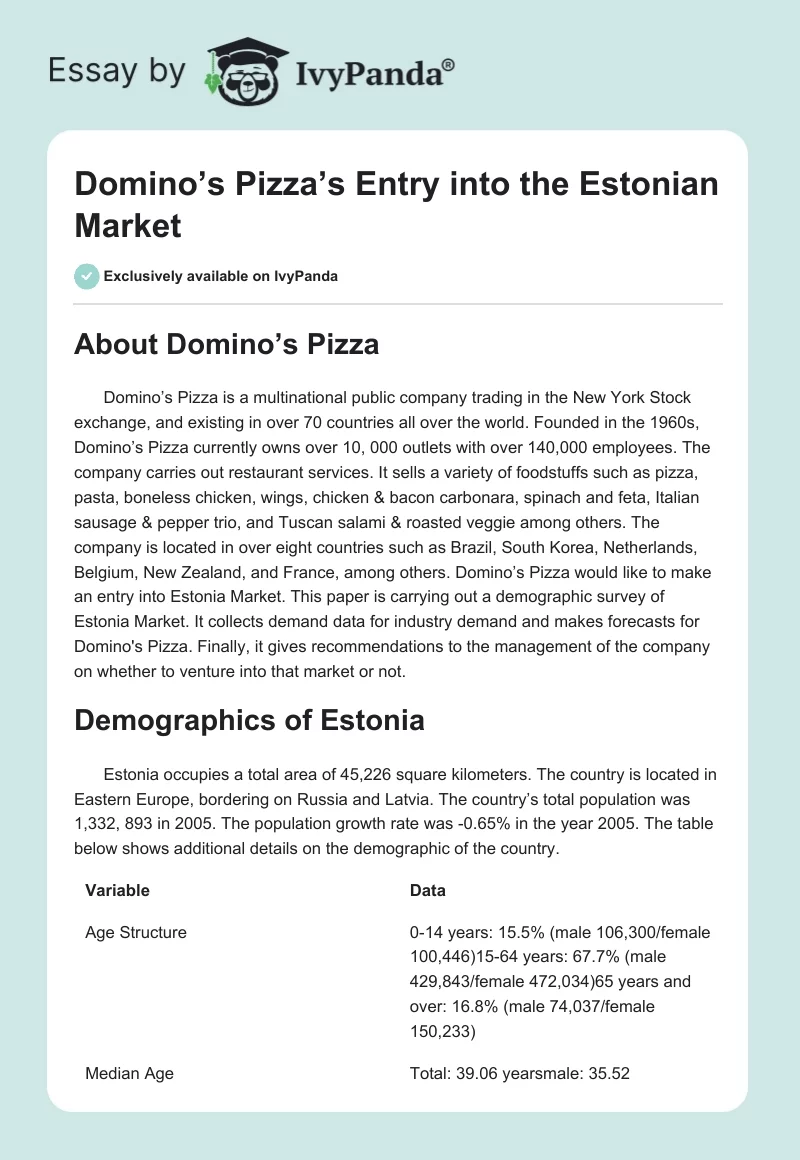 Domino’s Pizza’s Entry into the Estonian Market. Page 1