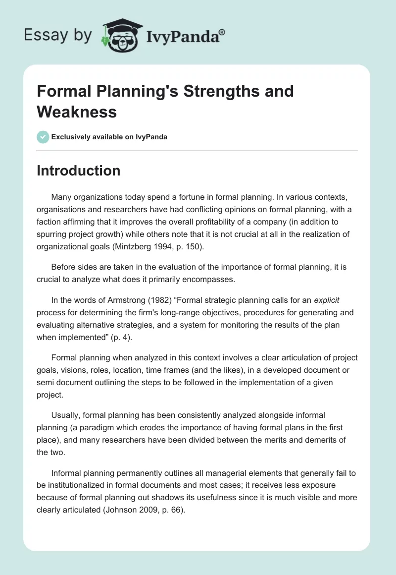 Formal Planning's Strengths and Weakness. Page 1