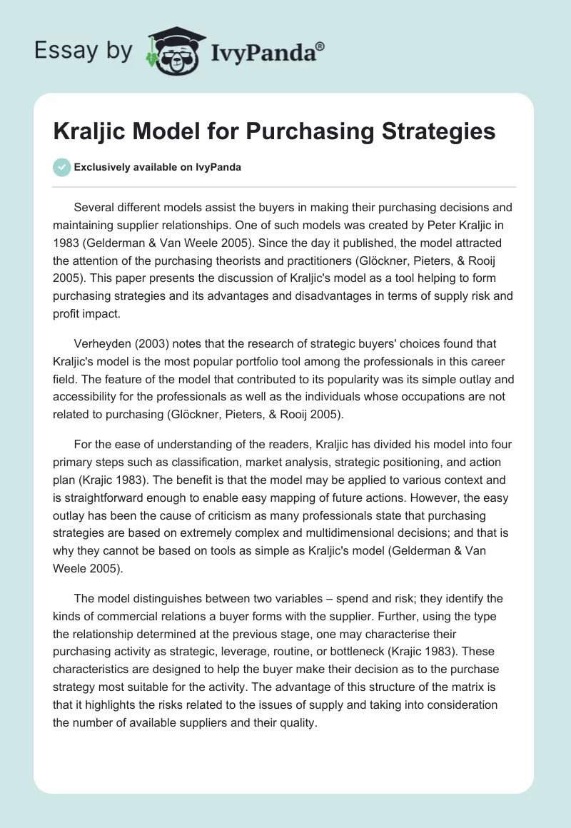 Kraljic Model for Purchasing Strategies. Page 1