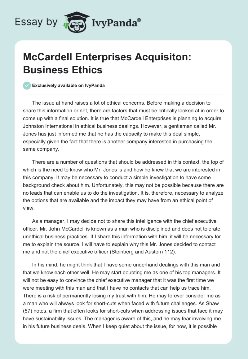 McCardell Enterprises Acquisiton: Business Ethics. Page 1