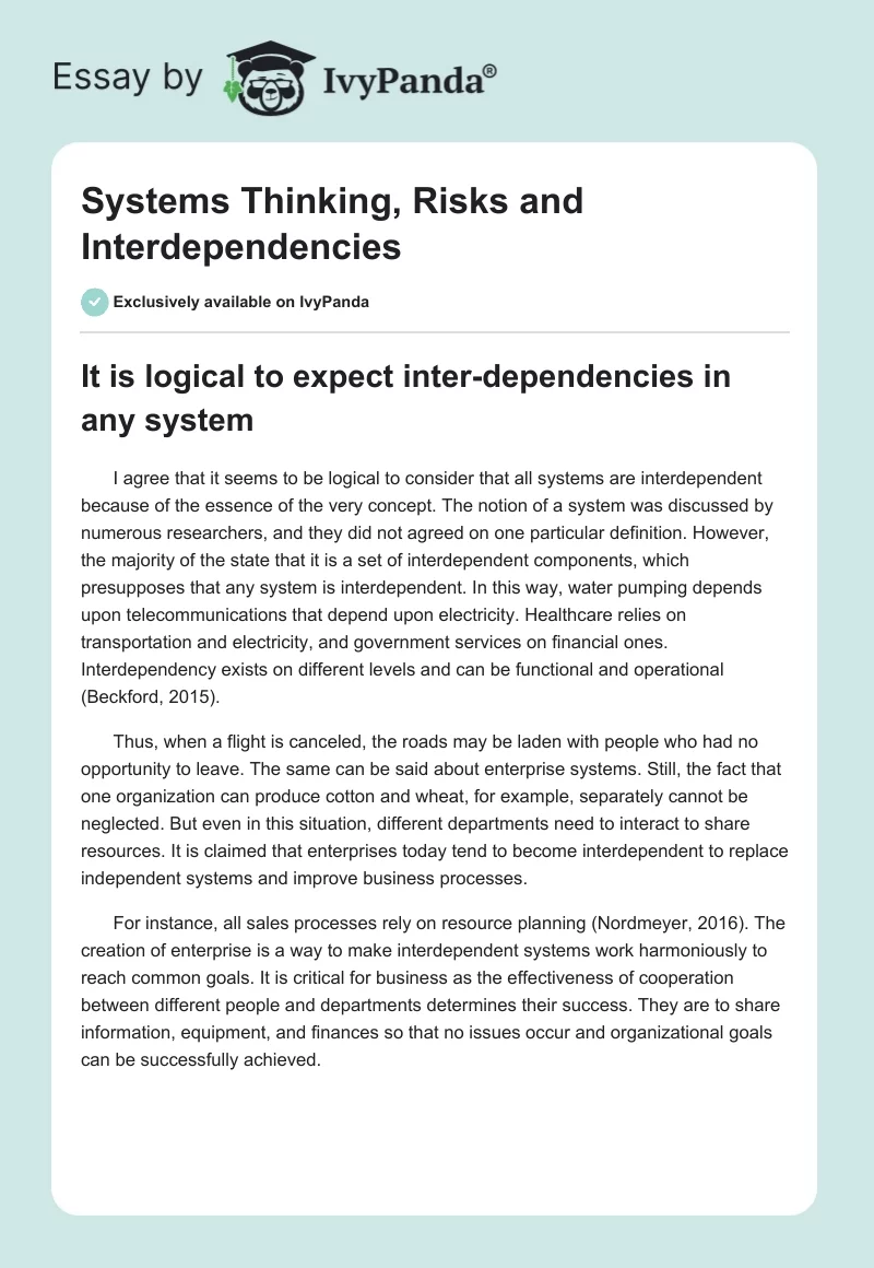 Systems Thinking, Risks and Interdependencies. Page 1