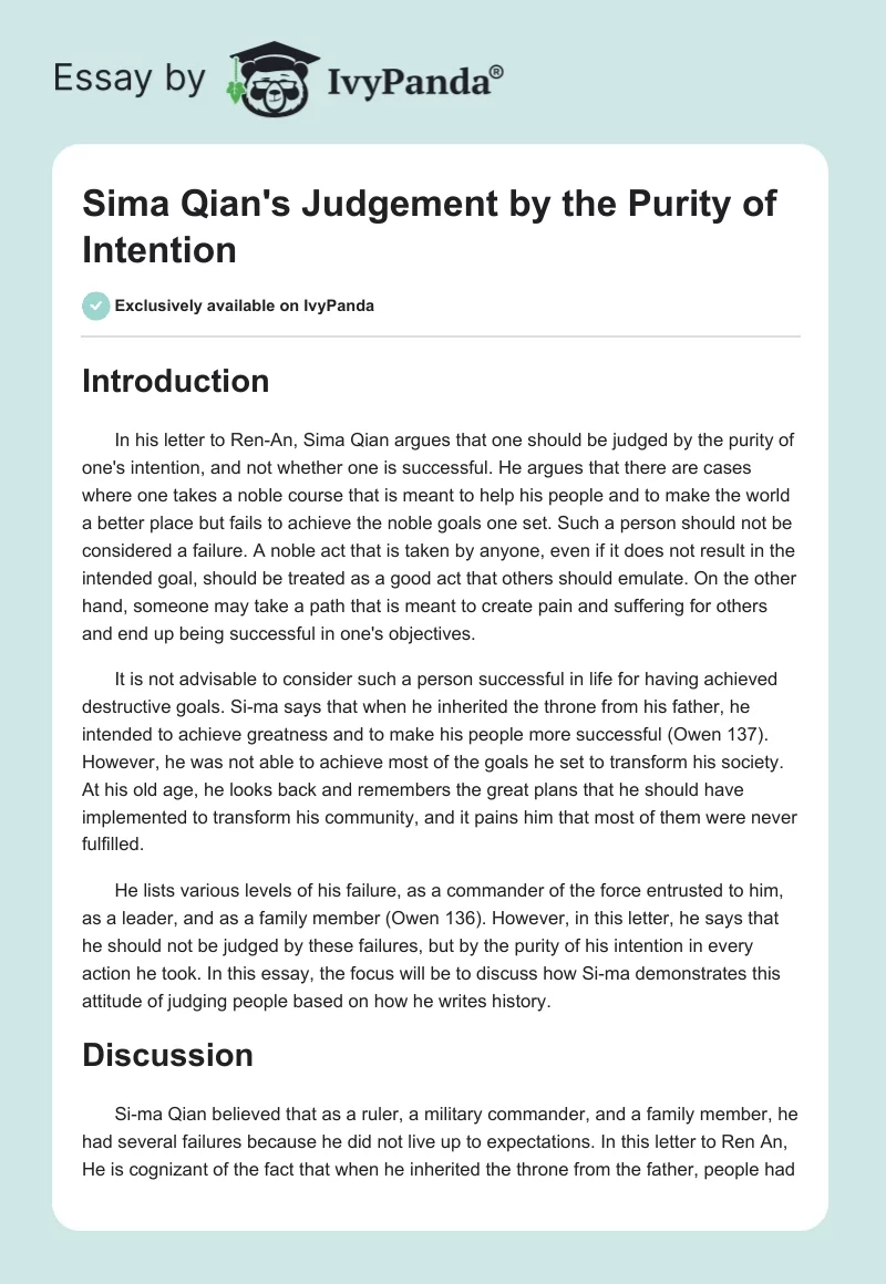 Sima Qian's Judgement by the Purity of Intention. Page 1