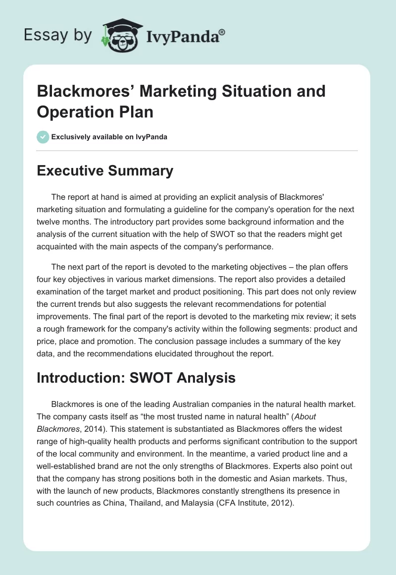 Blackmores’ Marketing Situation and Operation Plan. Page 1