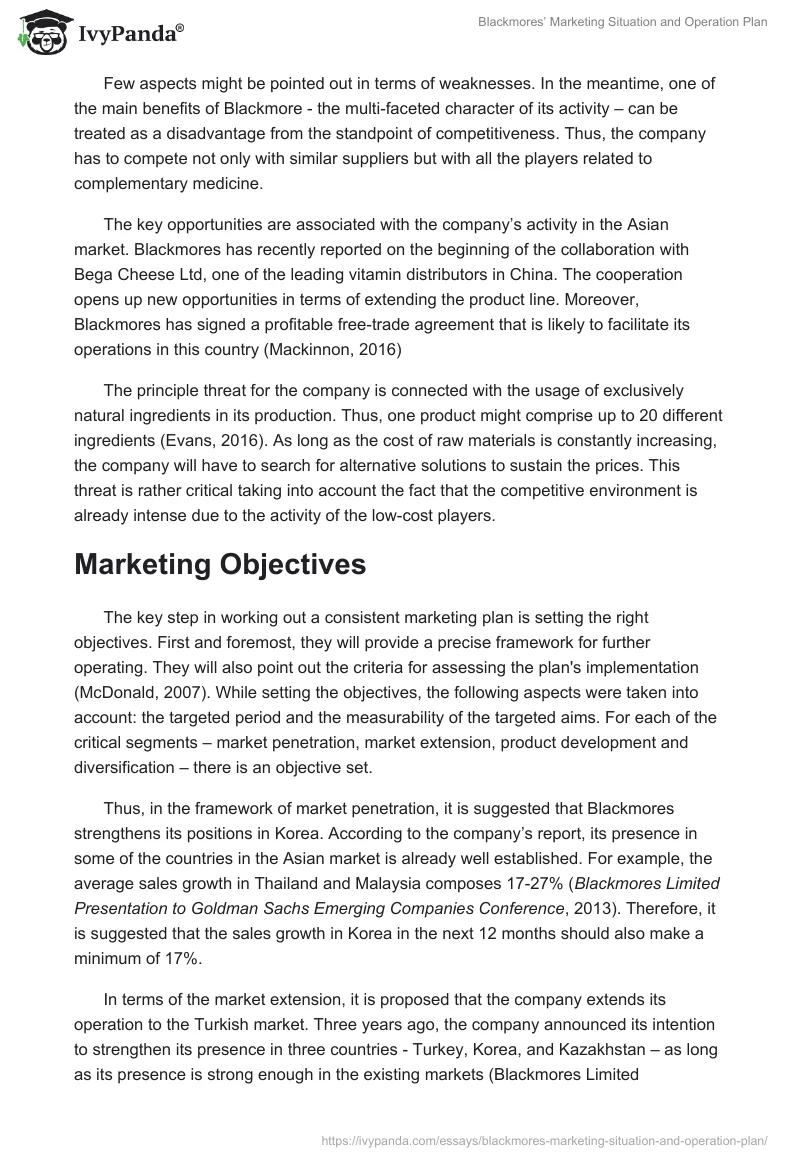 Blackmores’ Marketing Situation and Operation Plan. Page 2