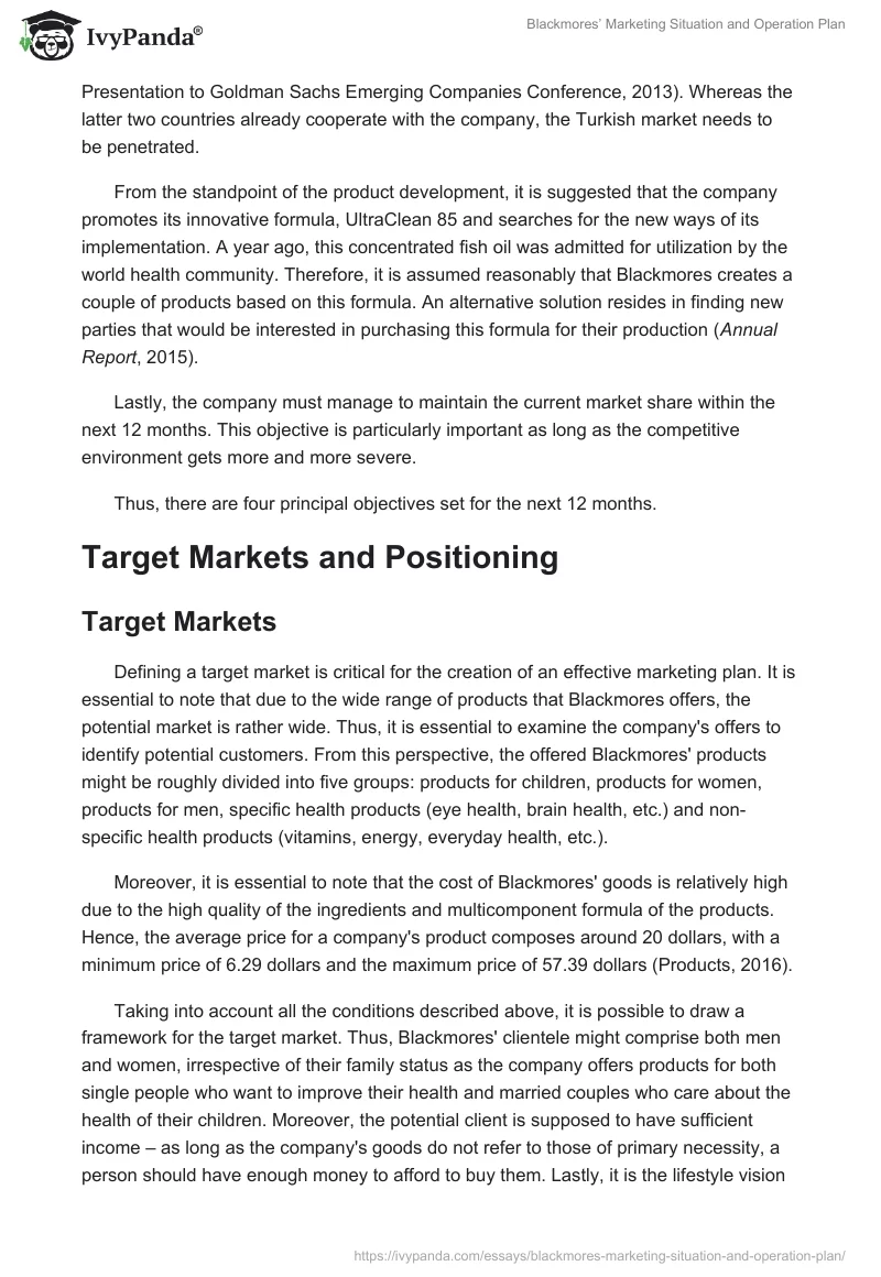 Blackmores’ Marketing Situation and Operation Plan. Page 3